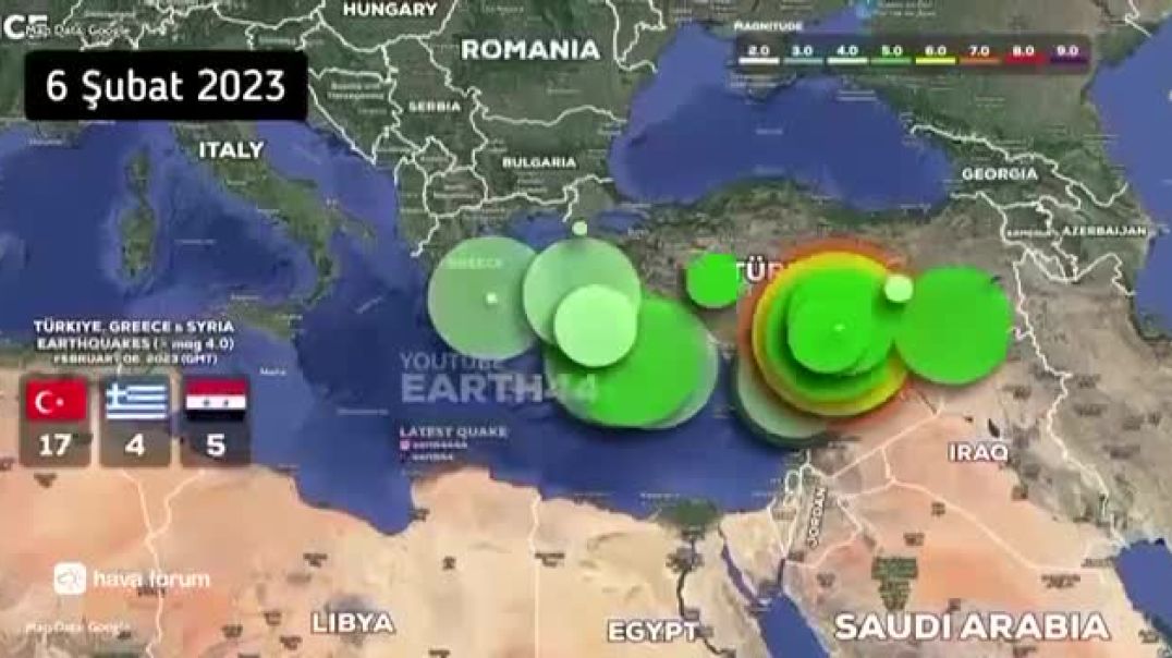 Отражение интенсивности землетрясений в Турции, Сирии и Греции